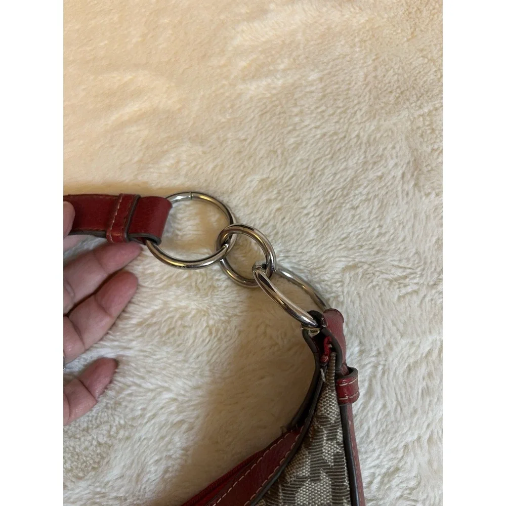 Y2K Red F Leather Trim Hobo Bag Brown Pattern Shoulder Purse Chunky silver ring